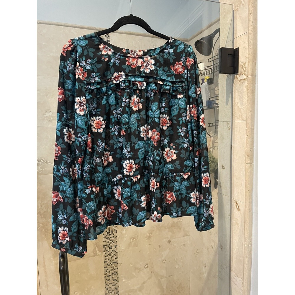 Loft Floral Peplum Hem Blouse Top Green Blue Pink Long Sleeve Size M 525600